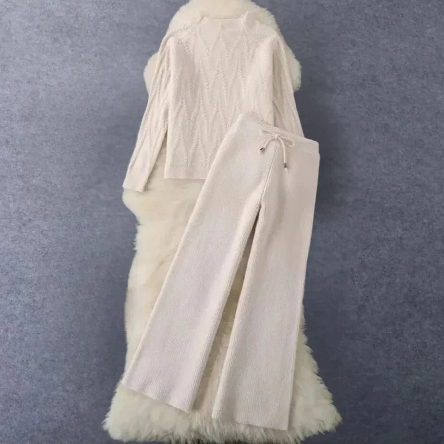 Women's two-piece knit set in neutral tones, chic modern cut with sustainable premium comfort fabric