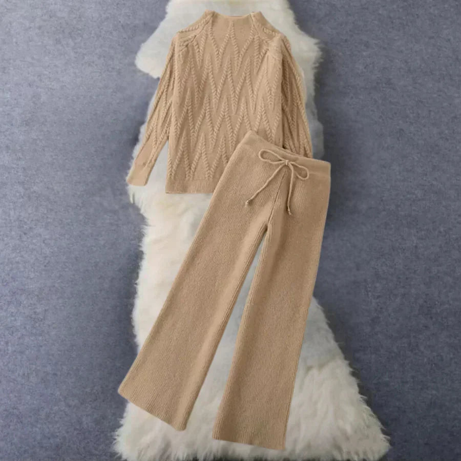 Women's two-piece knit set in neutral tones, chic modern cut with coordinated top and bottom separates