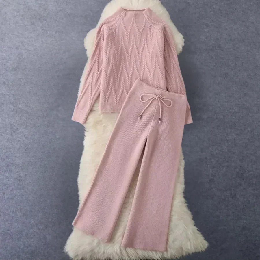 Women's two-piece knit set in neutral tones, chic modern cut with sustainable premium comfort fabric