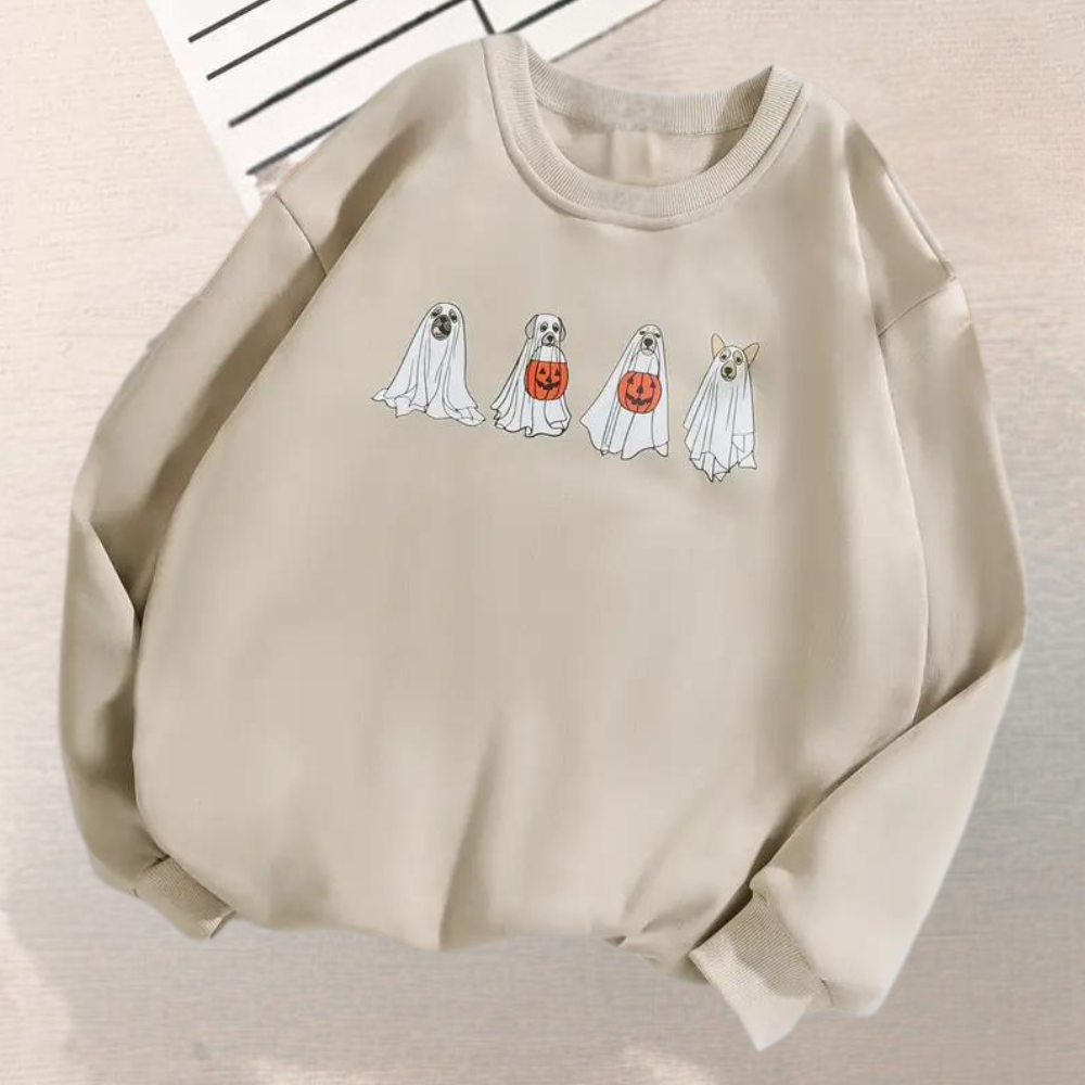 Kinga women's Halloween sweatshirt cozy fit spooky dog print in neutral tones