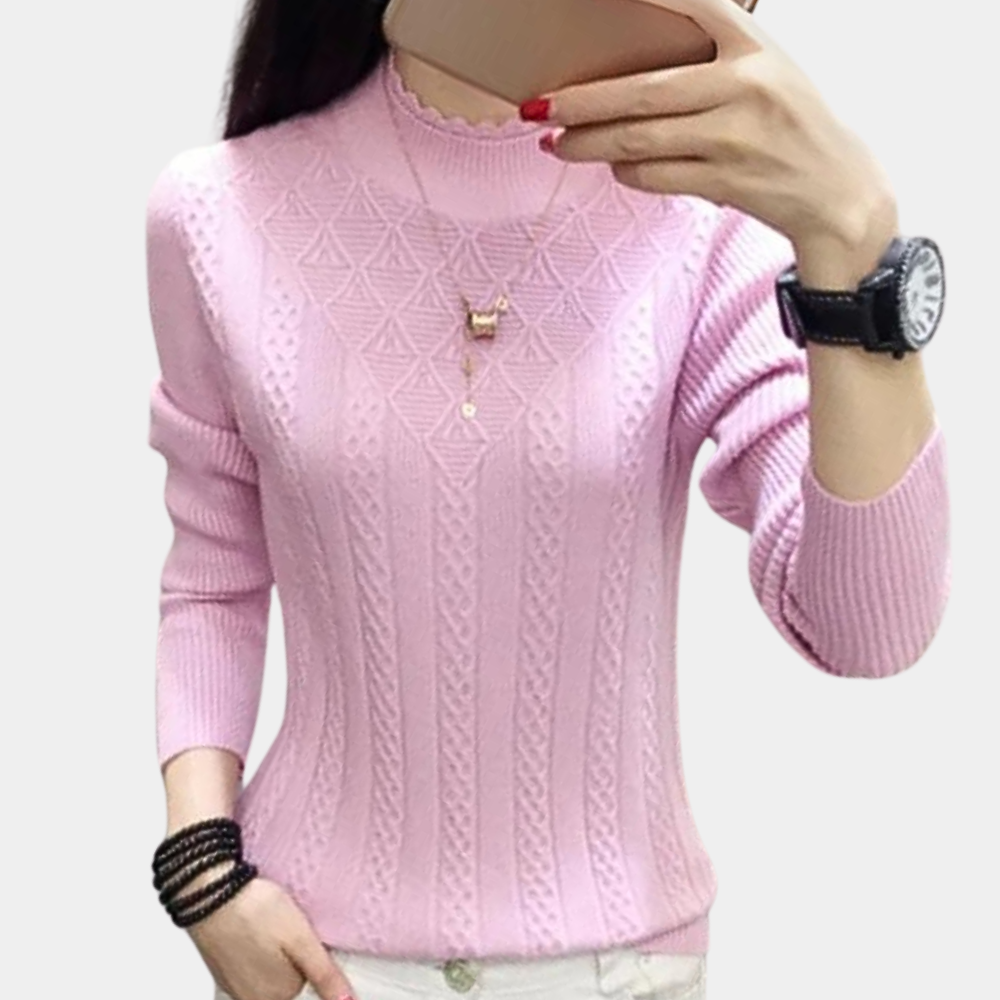 Women's soft knit turtleneck sweater cozy winter style with elegant drape and sustainable easy care fabric