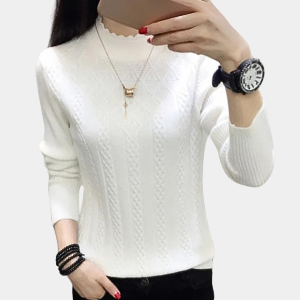 Women's soft knit turtleneck sweater cozy winter style with elegant drape and sustainable easy care fabric