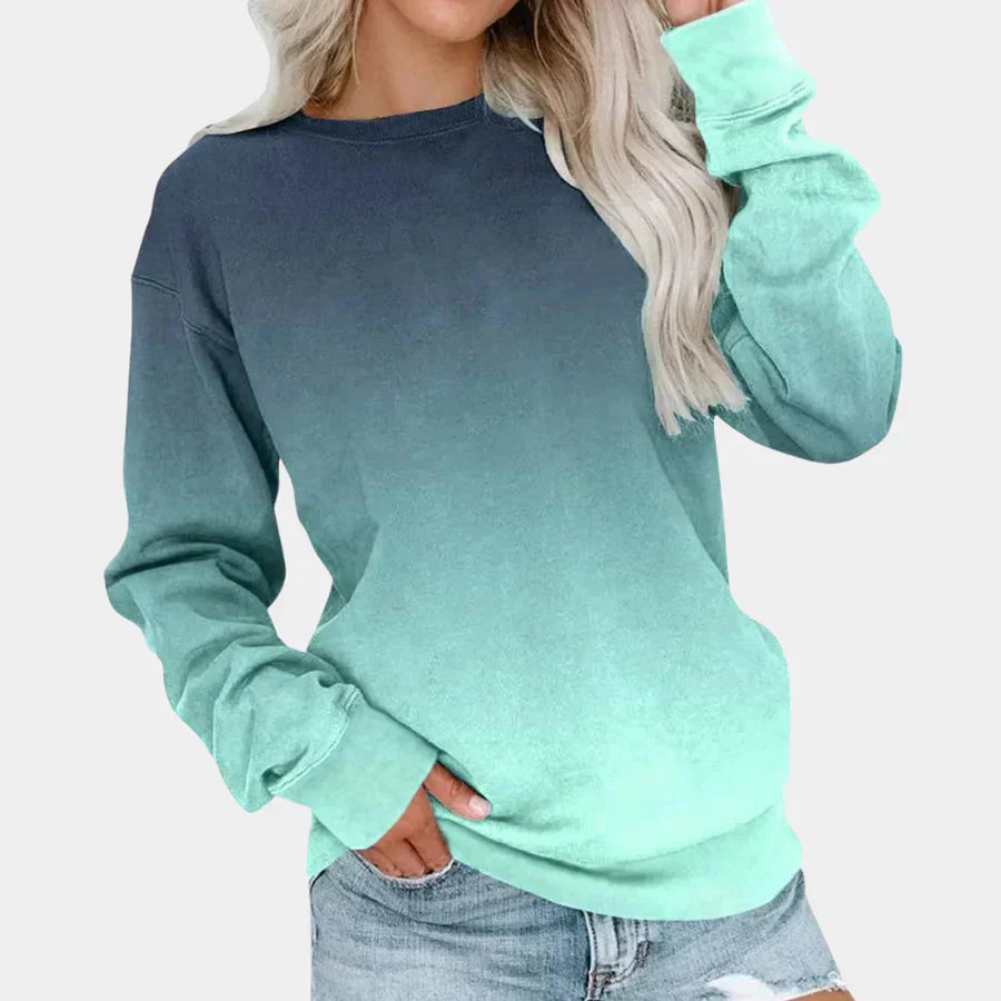 Women's gradient knit sweater with fluid color transition, trendy relaxed fit, sustainable everyday knitwear