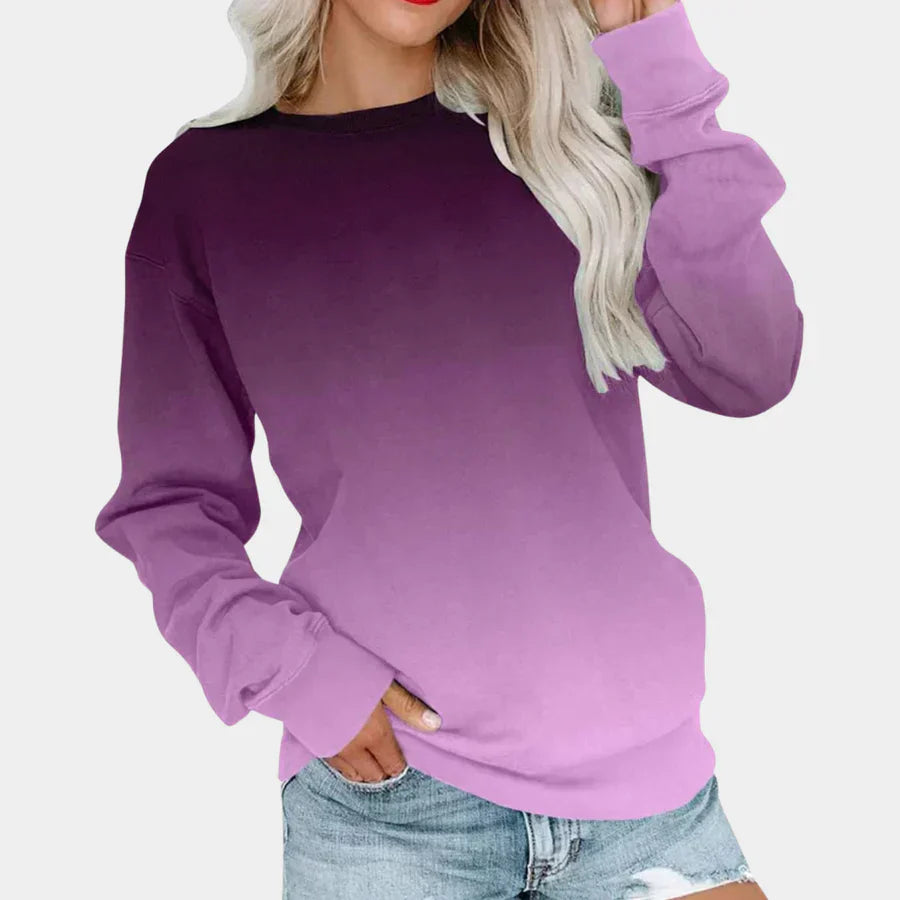 Women's gradient knit sweater with fluid color transition, trendy relaxed fit, sustainable everyday knitwear