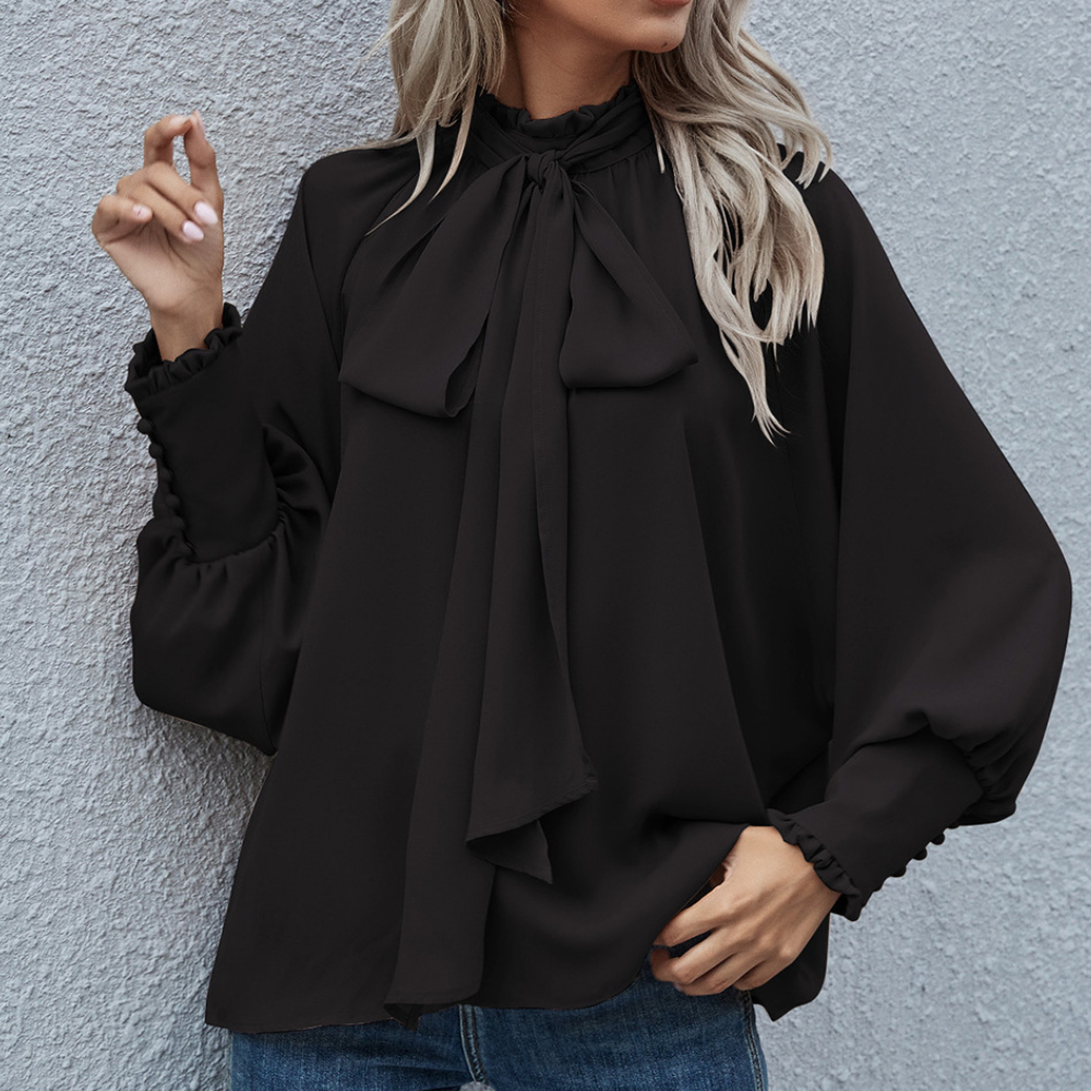Women's loose fit satin blouse with elegant bow collar, long sleeves, versatile day to night style