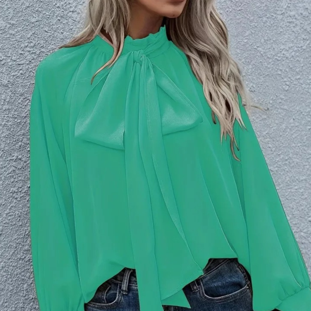 Women's satin blouse loose fit long sleeves elegant bow collar day-to-night top