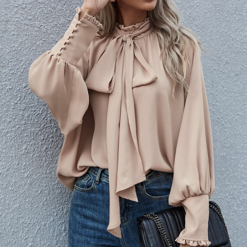 Women's satin blouse loose fit long sleeves elegant bow collar day to night style