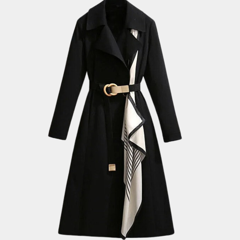 Women's beige classic double-lapel belted trench coat with adjustable waist belt and tailored fit