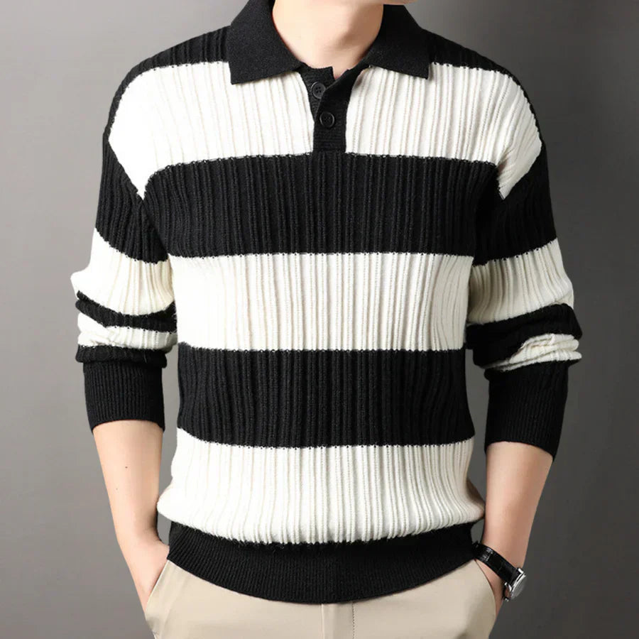 Men's long-sleeve knit polo comfort fit versatile everyday wear sustainable premium quality