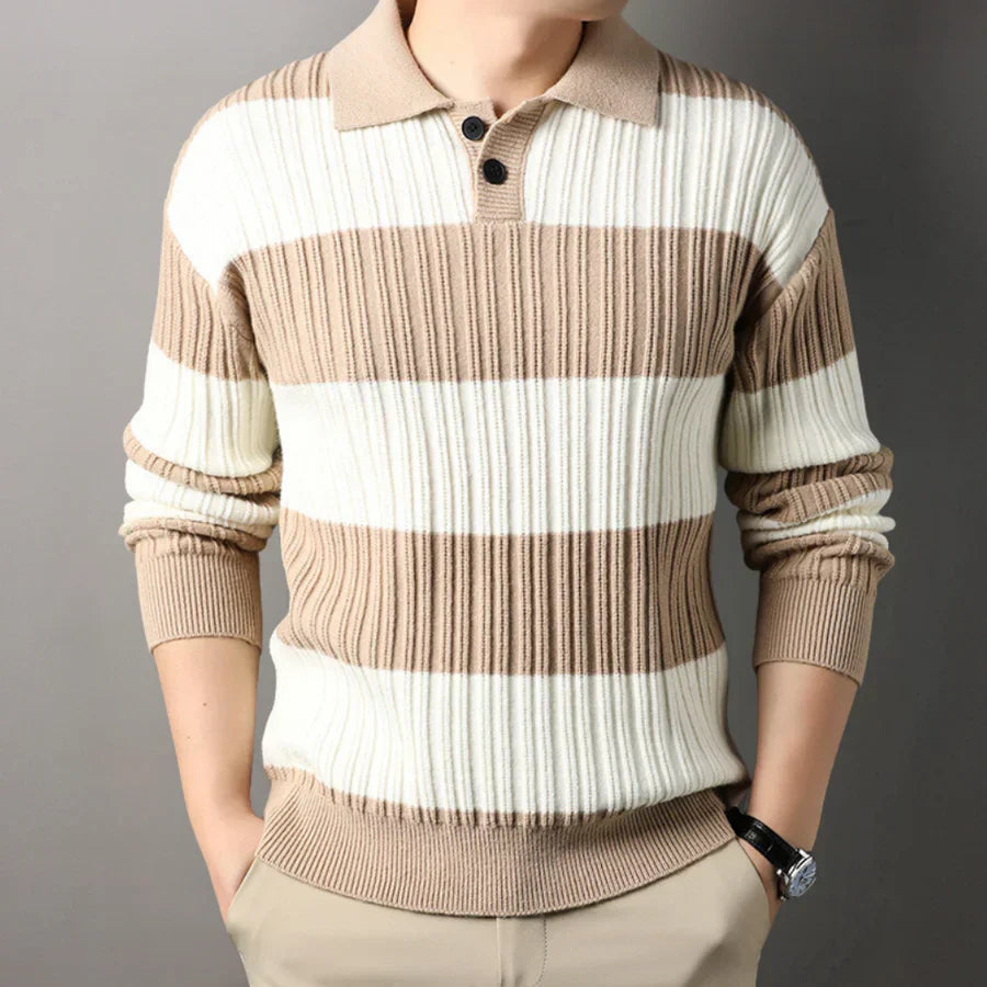 Men's long-sleeve knit polo comfort fit versatile smart-casual sustainable premium everyday wear