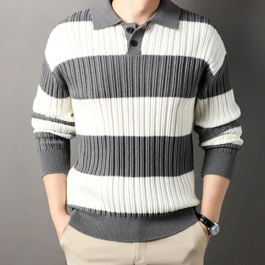 Men's long-sleeve knit polo comfort fit versatile everyday wear sustainable premium quality