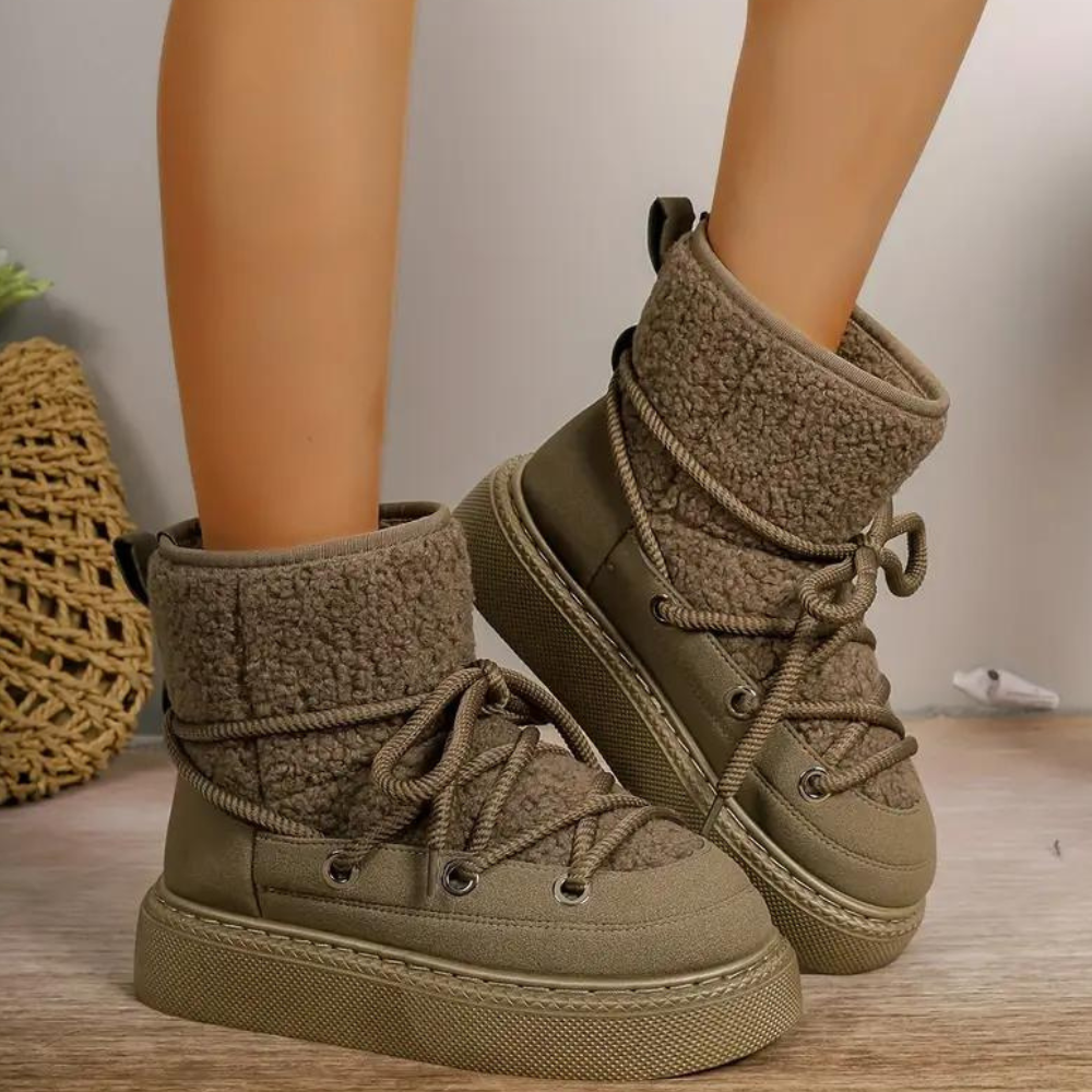 Women's insulated snow boots in neutral tones, slip-resistant sole for cold weather warmth and comfort