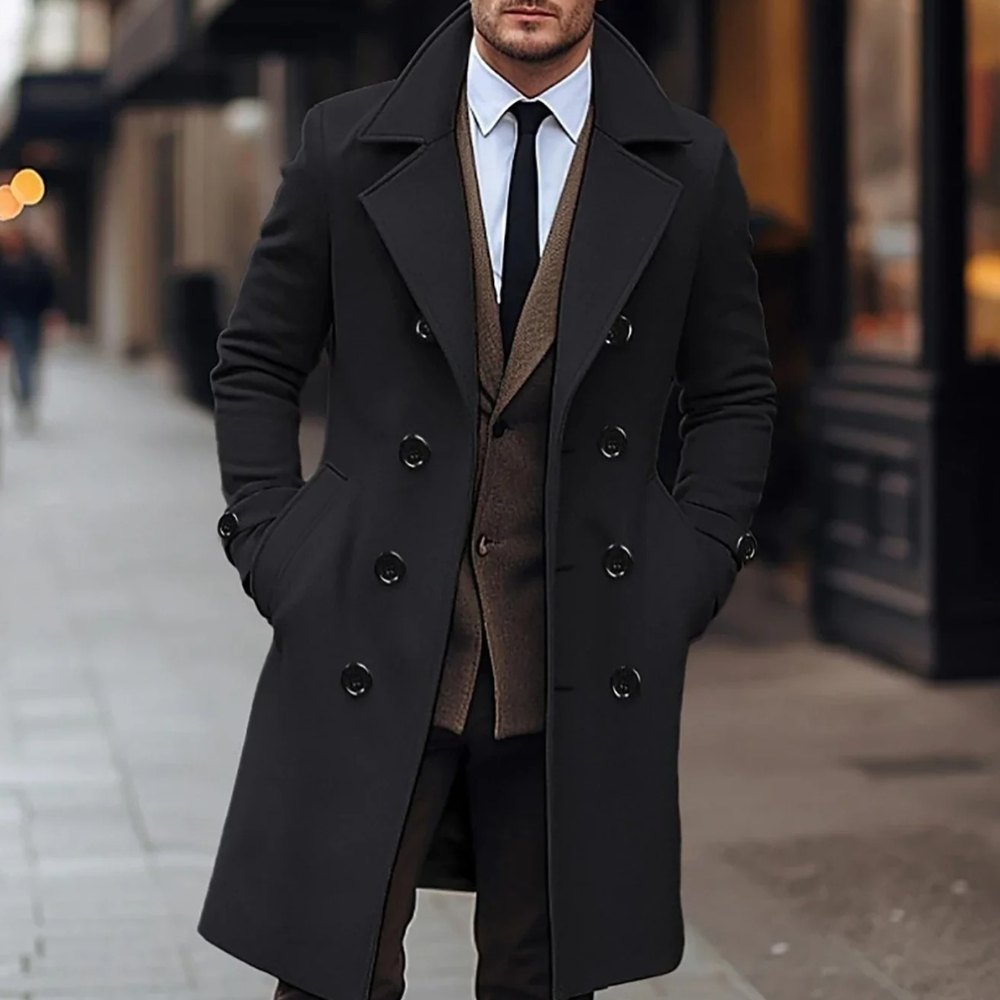 Men's charcoal wool tailored fit double-breasted knee-length coat with formal elegant silhouette