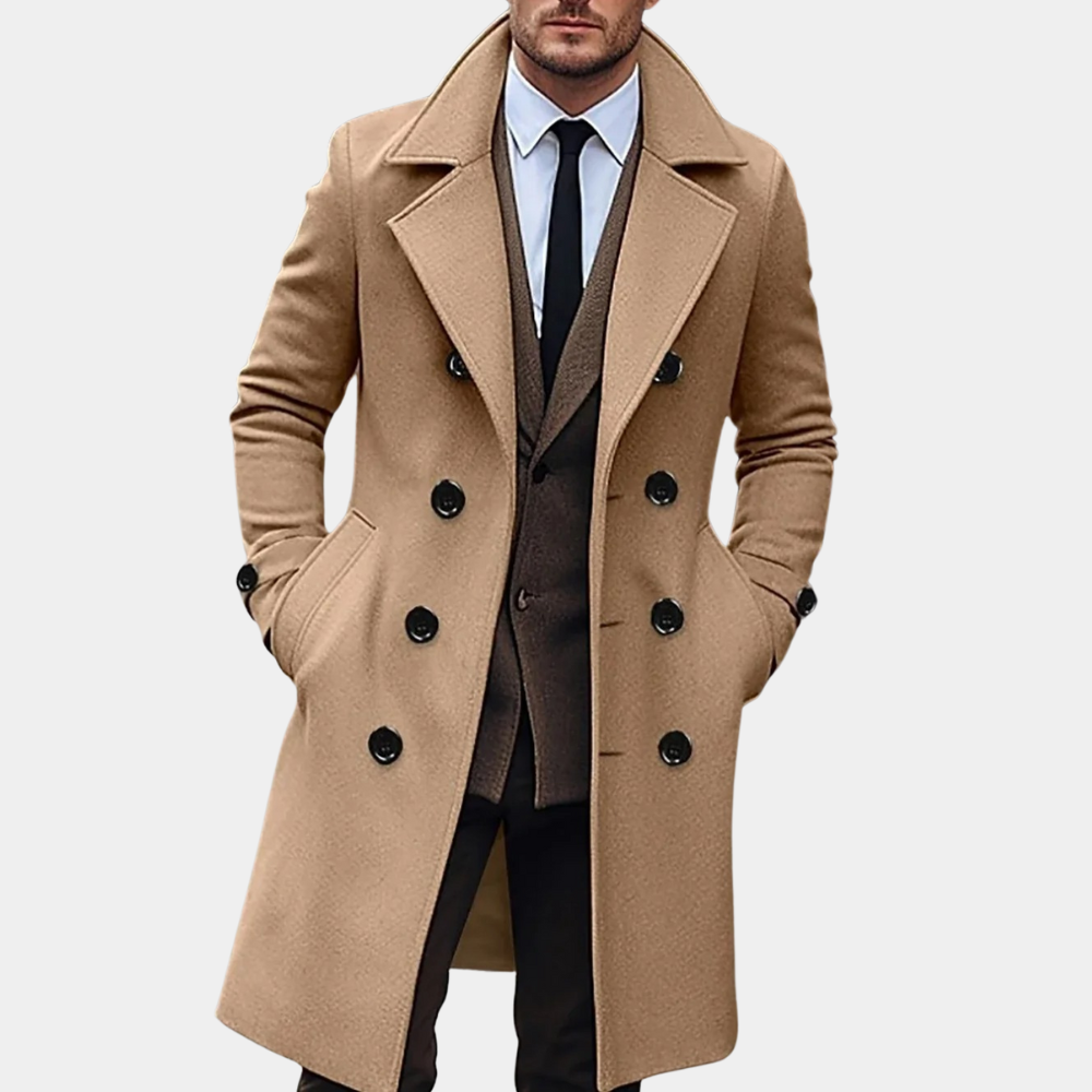 Men's charcoal wool tailored coat double-breasted knee-length silhouette for formal elegance