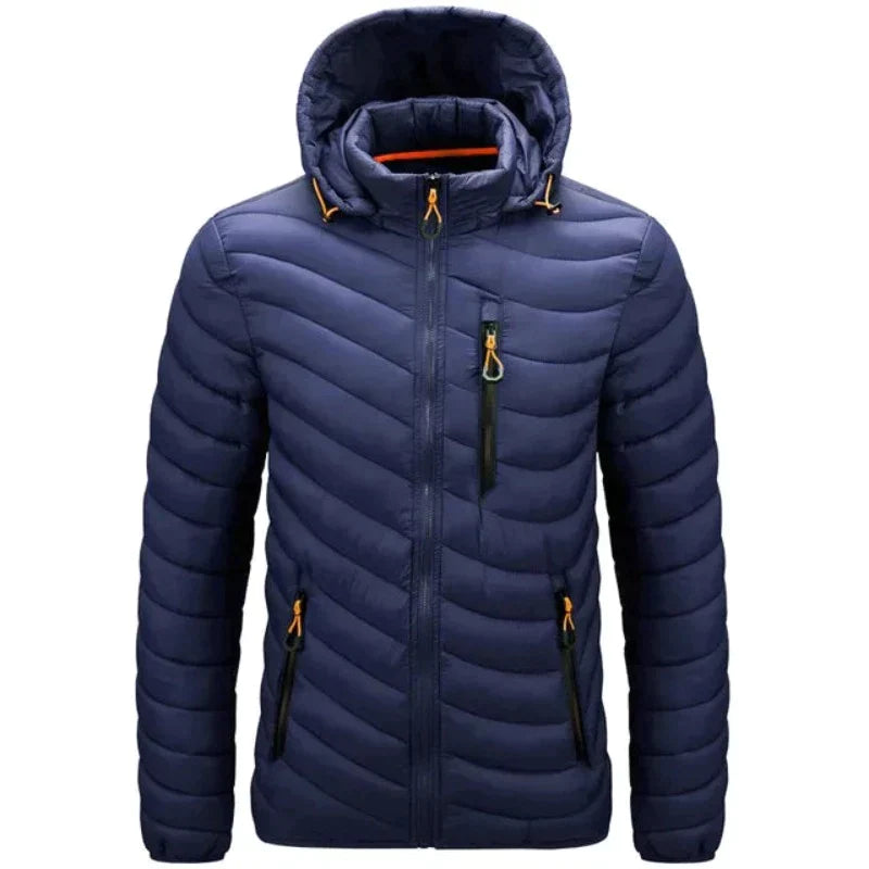 Calvin men's lightweight navy blue outdoor down jacket with water-repellent shell for cold weather