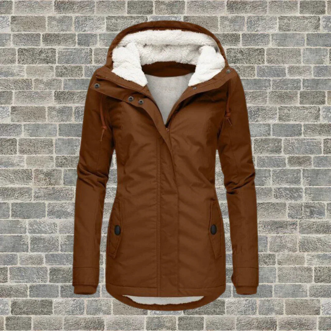 Women's hooded winter jacket warm fleece lining dual-closure cozy everyday cold weather style