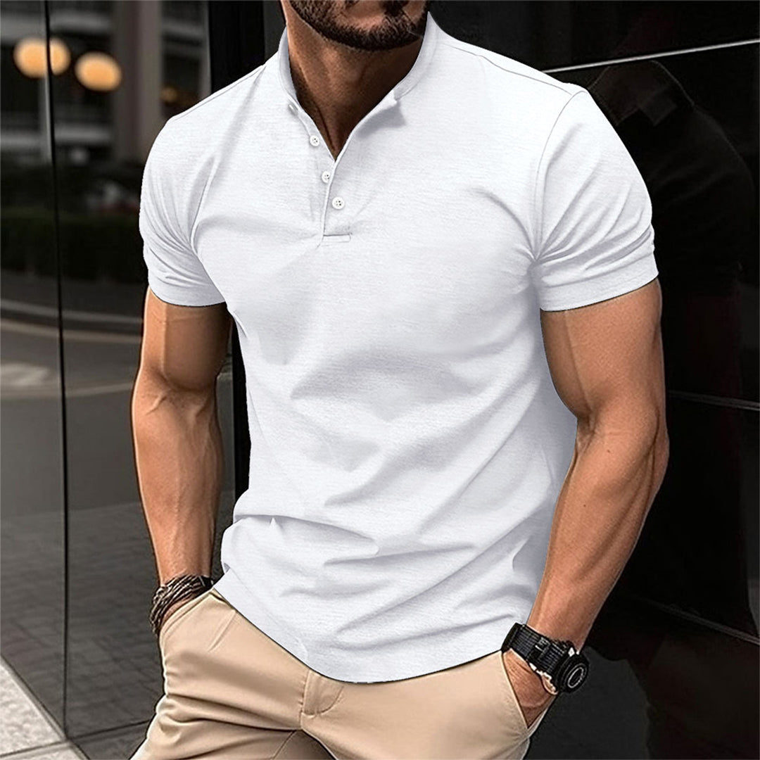 Men's slim fit polo shirt stand-up collar smart casual tailored neckline button placket