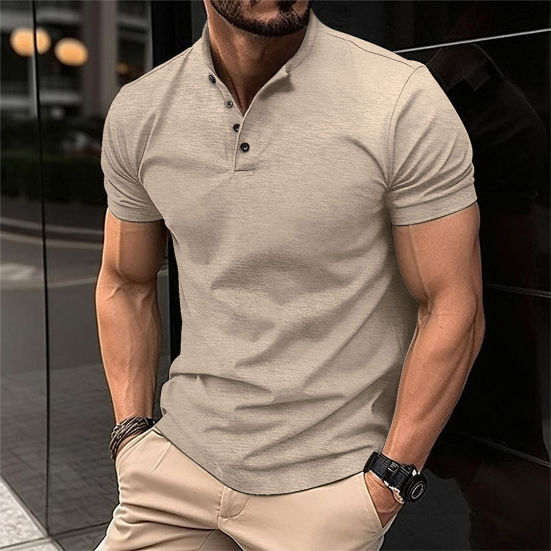 Men's slim fit polo shirt stand-up collar smart casual tailored neckline button placket