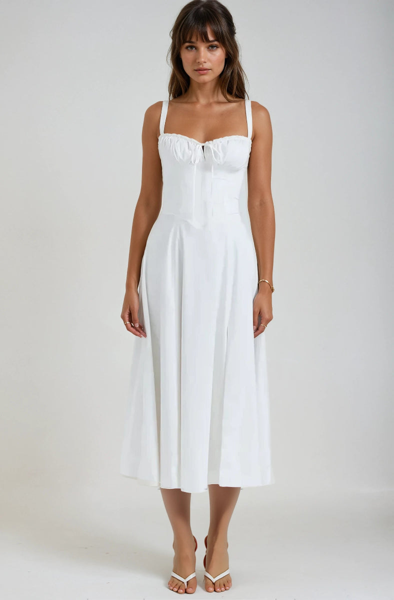 Black corset midi dress with structured bodice and flared skirt, romantic party silhouette