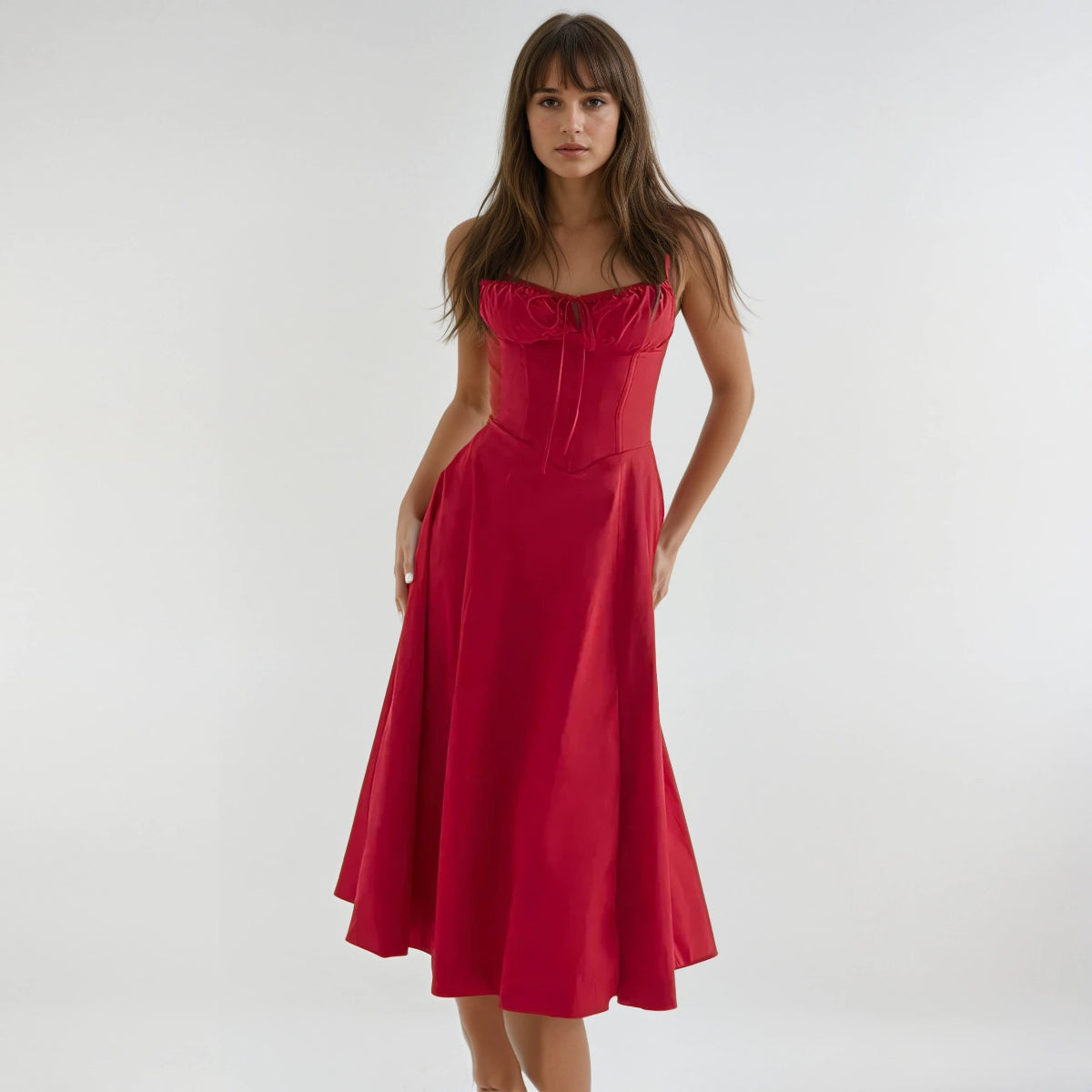 Black corset midi dress with structured bodice and flared skirt, elegant party silhouette