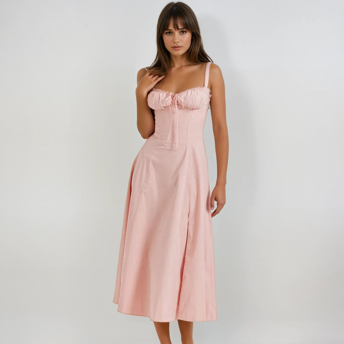 Black corset midi dress with structured bodice, flared skirt, and romantic silhouette for parties