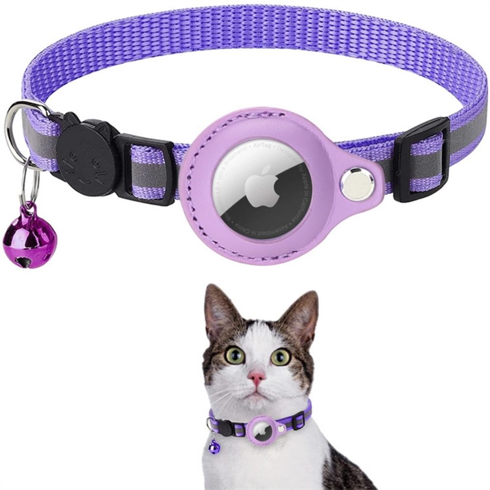 GPS cat collar with reflective strip, quick-release buckle, and tracker holder for safe outdoor use