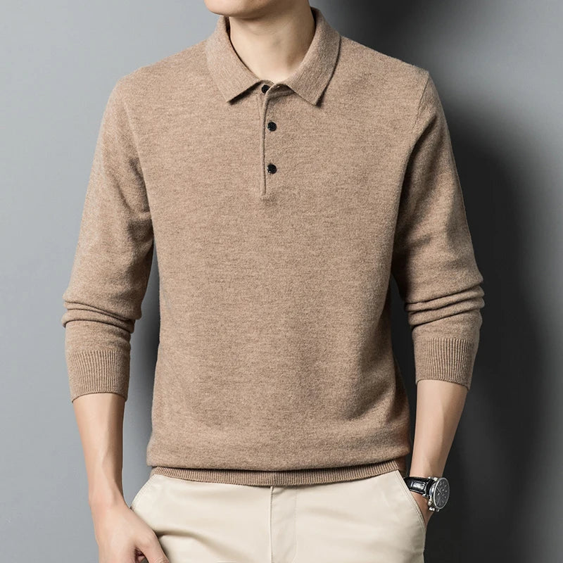 Men's wool blend polo collar sweater regular fit with ribbed cuffs, cozy warm knit