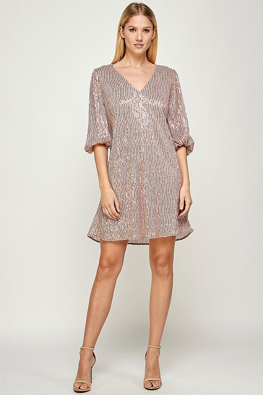Women's black v-neck mini dress with 3/4 sleeves, chic day-to-night style above knee length
