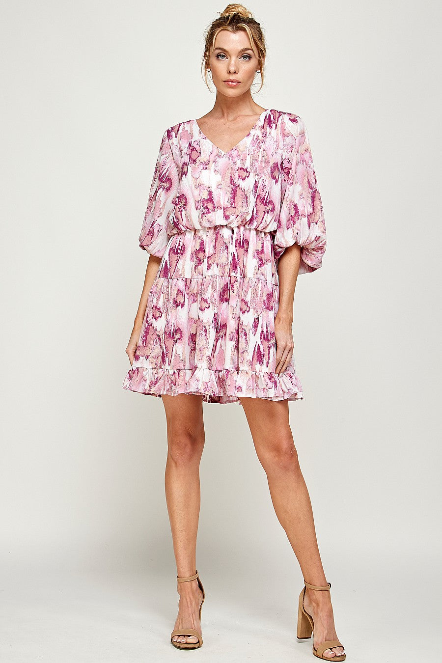Cognac magenta printed mini dress women V-neck 3/4 sleeve flirty pattern everyday style