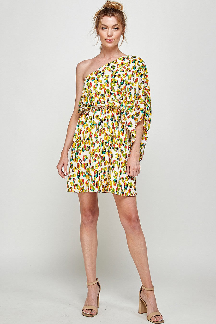 Women's short one-shoulder leopard print mini dress with bold animal print and sleek asymmetric neckline