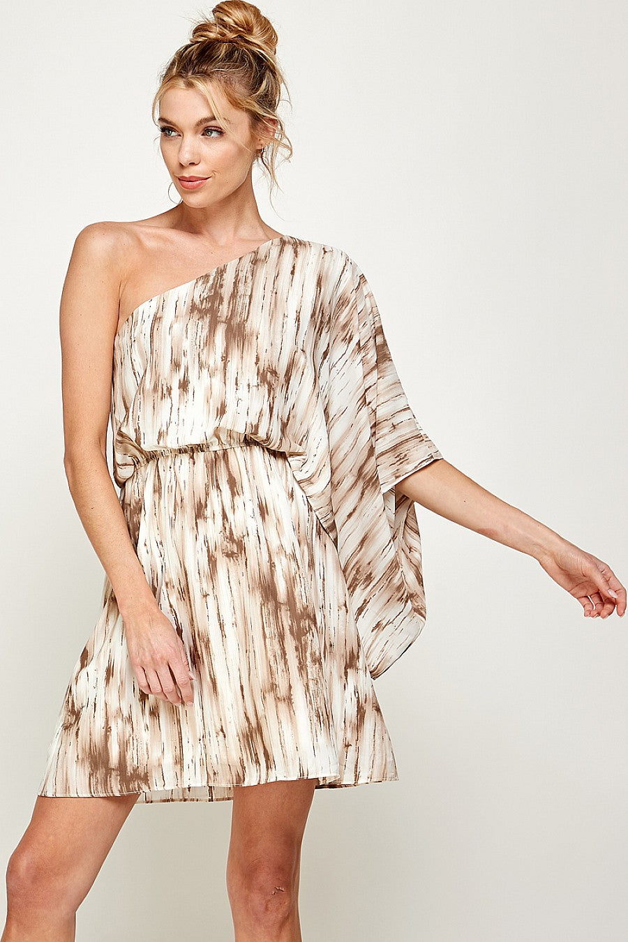 Women's one-shoulder short dress bold graphic print contemporary silhouette flattering asymmetric neckline
