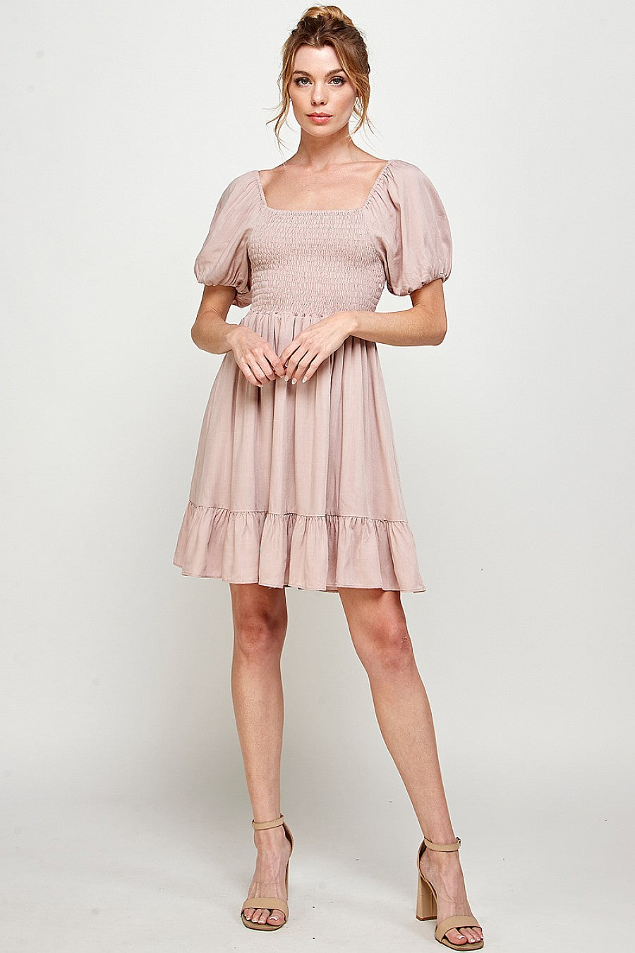 Caramela ruffle mini dress square neck puff sleeves rayon casual chic above-knee silhouette