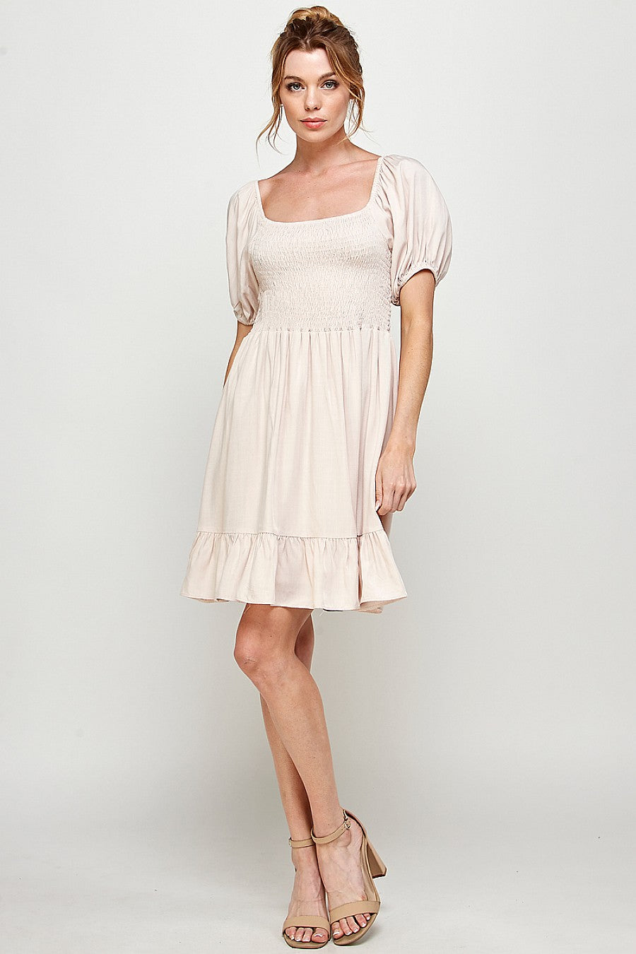 Caramela rayon mini dress square neck puff sleeves ruffle detail casual chic above-knee silhouette