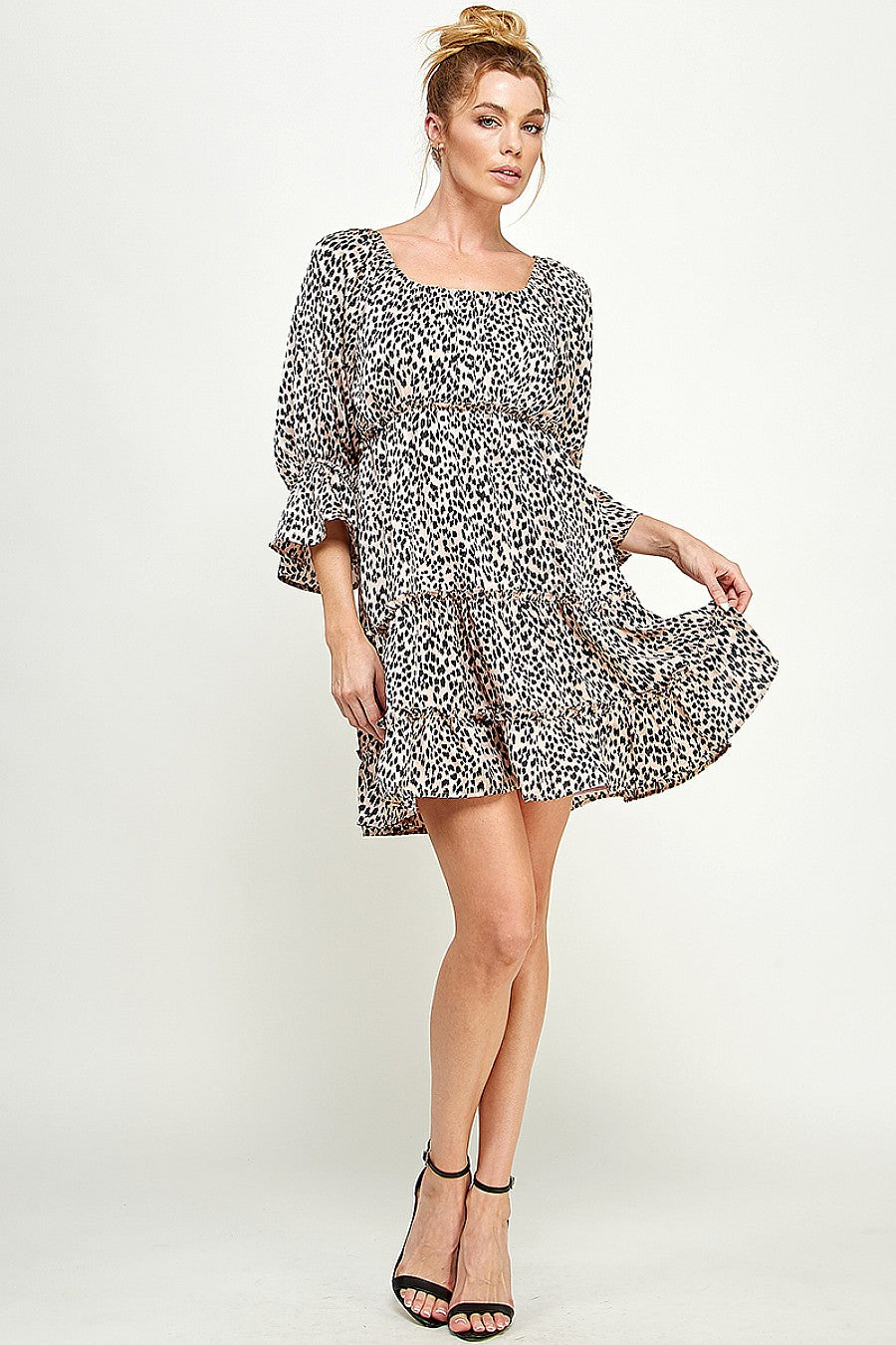 Printed satin dress square neckline three-quarter sleeves elegant floral pattern women's chic midi