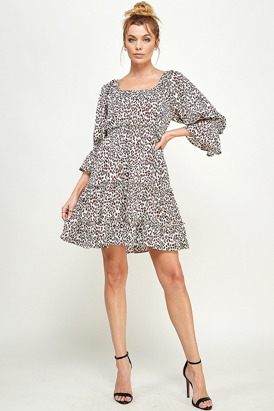Printed satin dress square neckline three-quarter sleeves elegant floral pattern women's chic occasion wear
