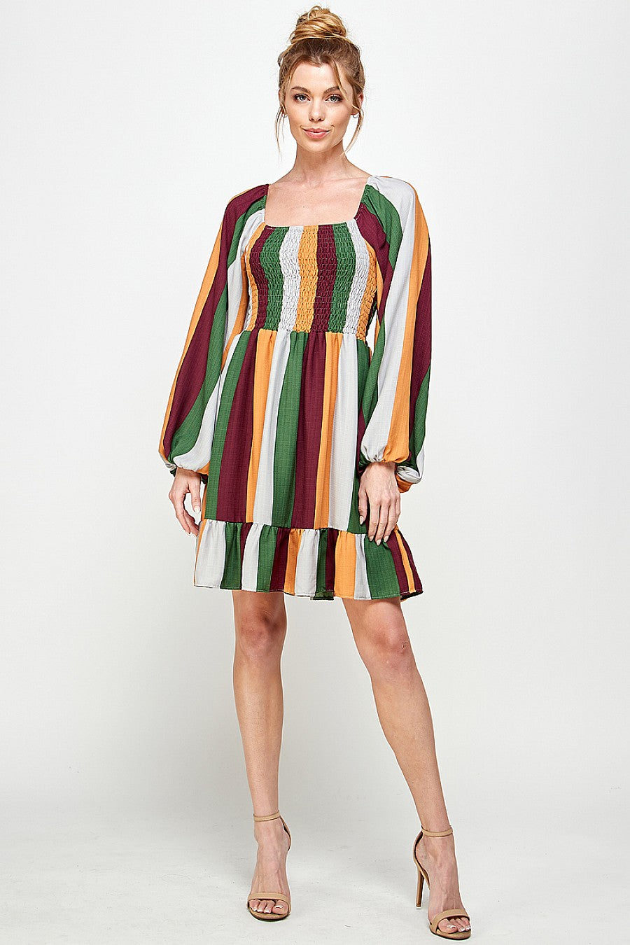 Women's striped mini dress square neckline long sleeves above-knee length bold fashion-forward style