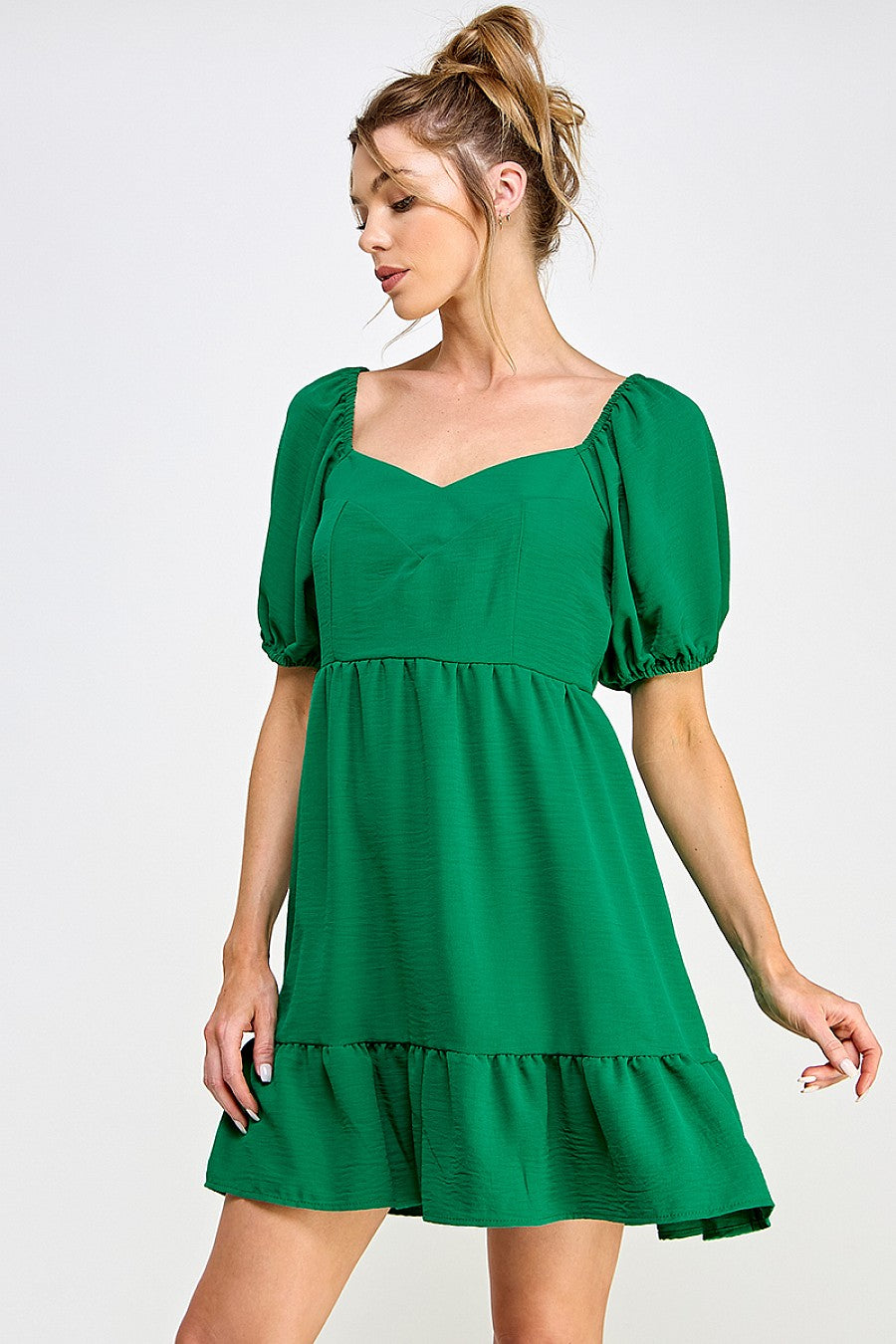 Fuchsia green mini dress puff sleeves frilly ruffles short sleeve above-knee whimsical casual style