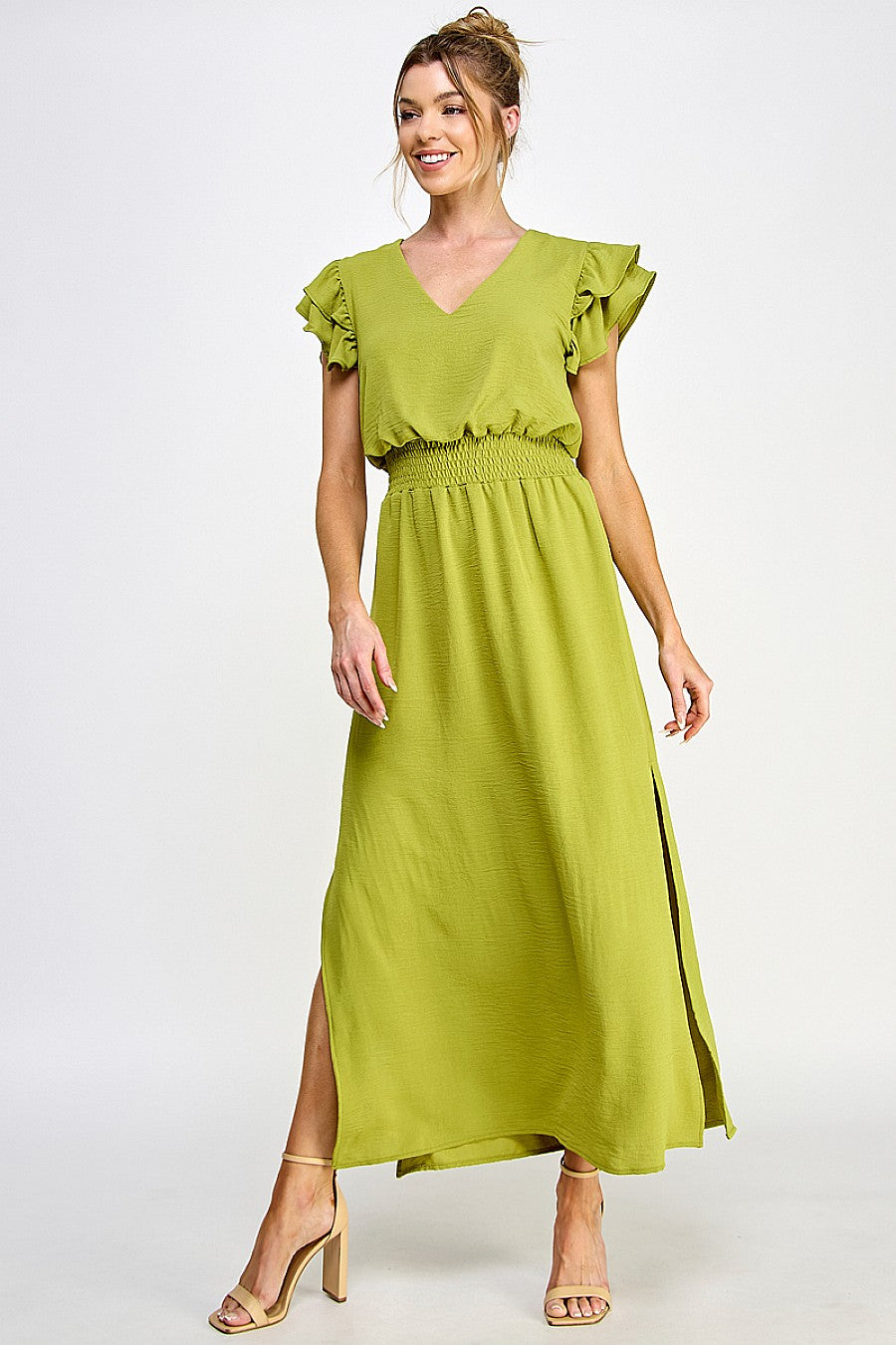 Elegant maxi dress deep V-neck cascading ruffles side slit tea-length cap sleeve eveningwear women