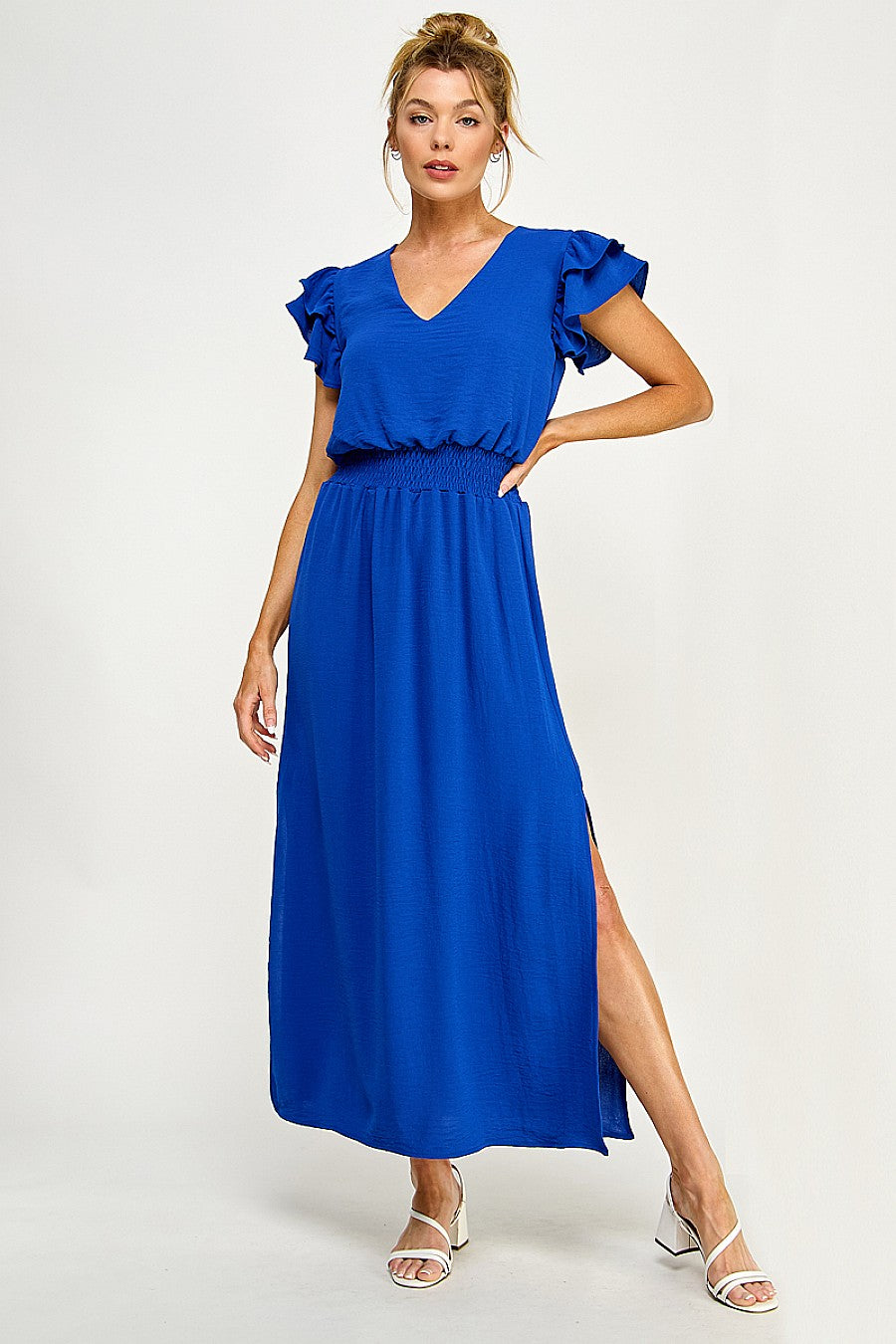 Elegant black maxi dress V-neck cap sleeves side slit cascading ruffles eveningwear tea length