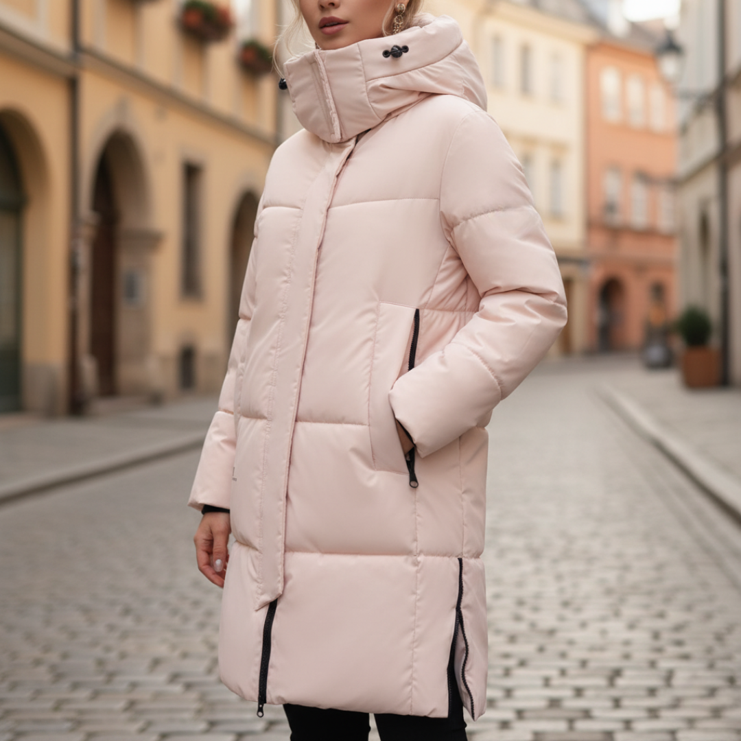 Women's padded parka with hood in black cozy winter coat with quilted insulation for cold weather