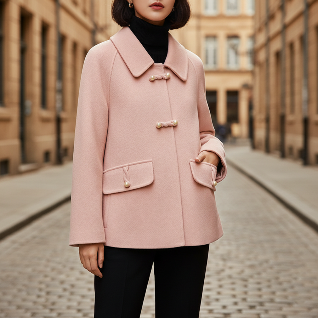 Women's short wool blend jacket tailored fit Peter Pan collar pearlized toggles classic style