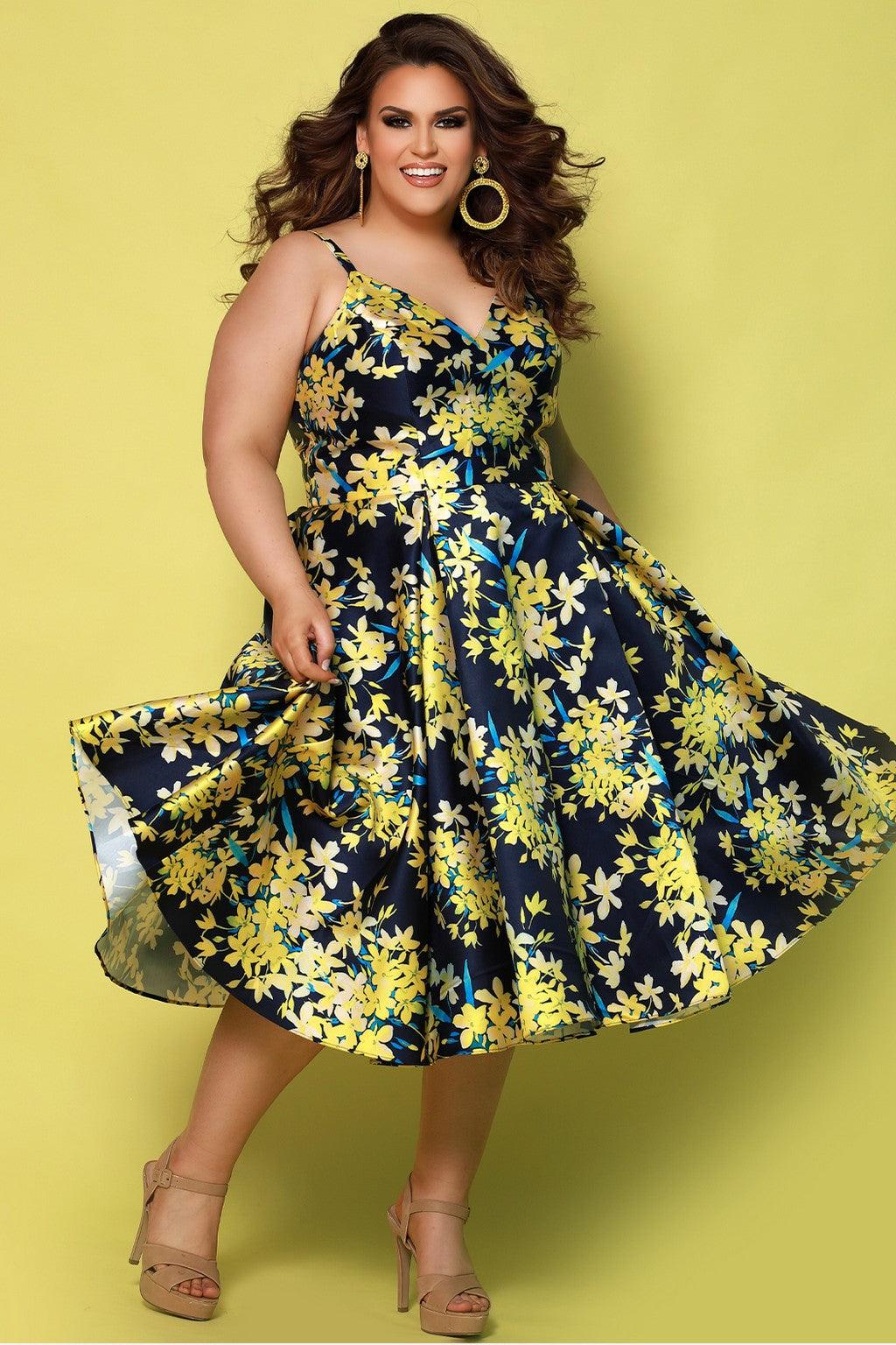 Plus size floral tea length dress with spaghetti straps, sweetheart neckline, and A-line satin skirt
