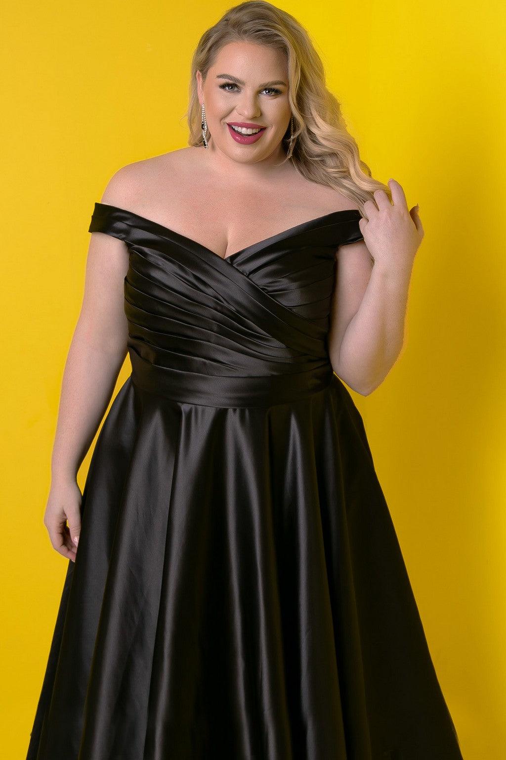 Plus size off shoulder tea length satin dress sweetheart neckline embellished bodice princess silhouette