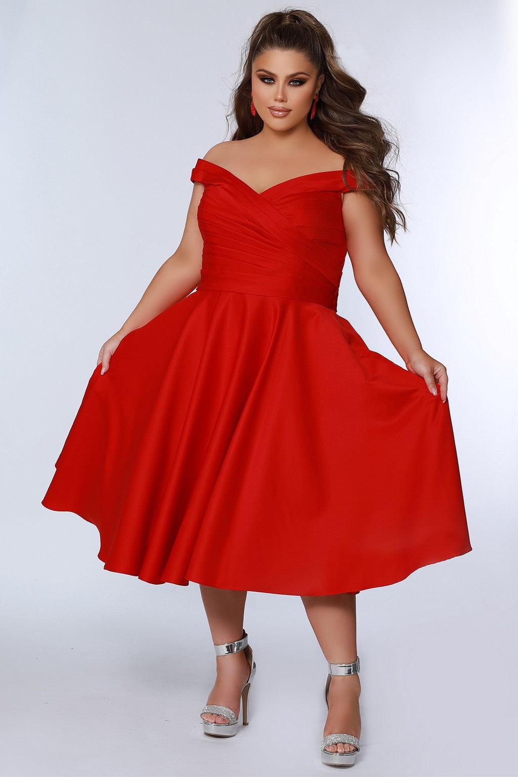 Plus size off shoulder tea length satin dress princess silhouette sweetheart neckline embellished bodice