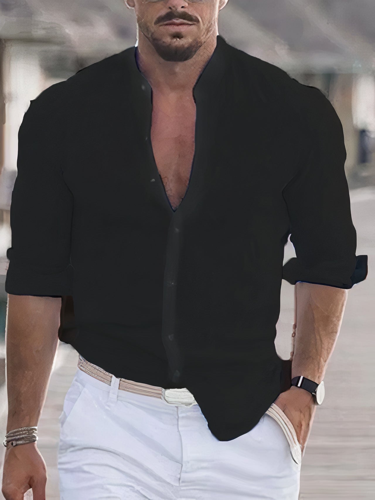 Men's relaxed-fit linen cotton blend shirt, breathable lightweight summer essential in neutral tone