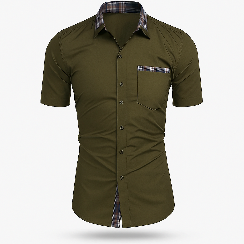 Men's slim fit short sleeve cotton dress shirt, breathable fabric, modern cut for work