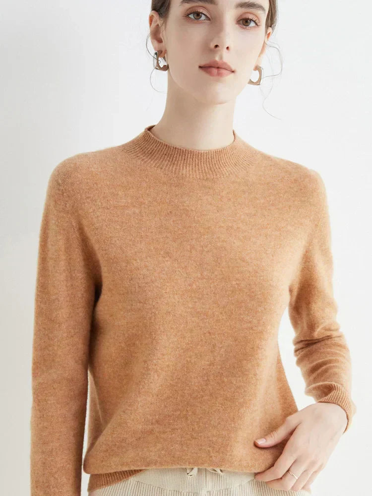 Elegant women's knit sweater in neutral tones, classic silhouette for office and cozy evenings