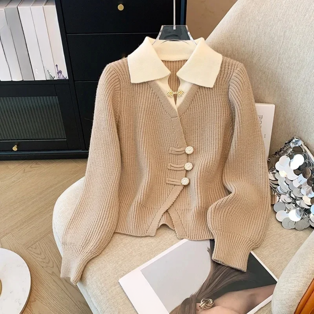 Women's fine gauge knit cardigan relaxed fit V-neck long puff sleeves asymmetrical hem versatile