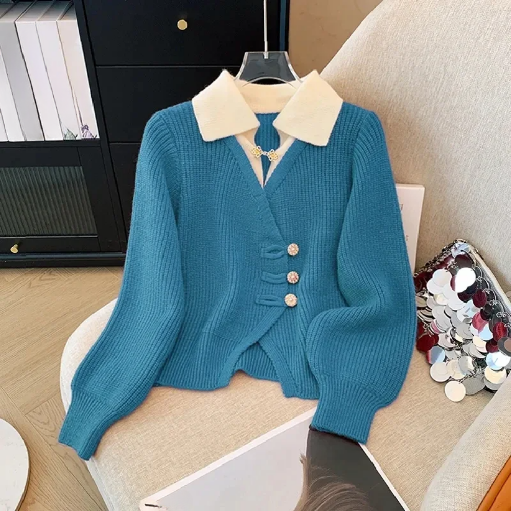 Women's fine gauge knit relaxed fit cardigan, V-neck, long puff sleeves, asymmetrical hem