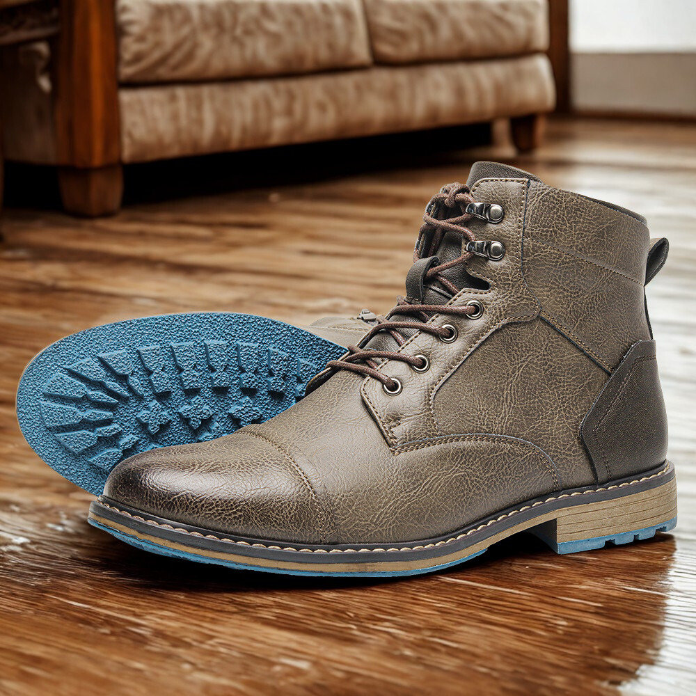 Men's brown leather cap toe lace-up boots with side zip, classic silhouette for everyday wear